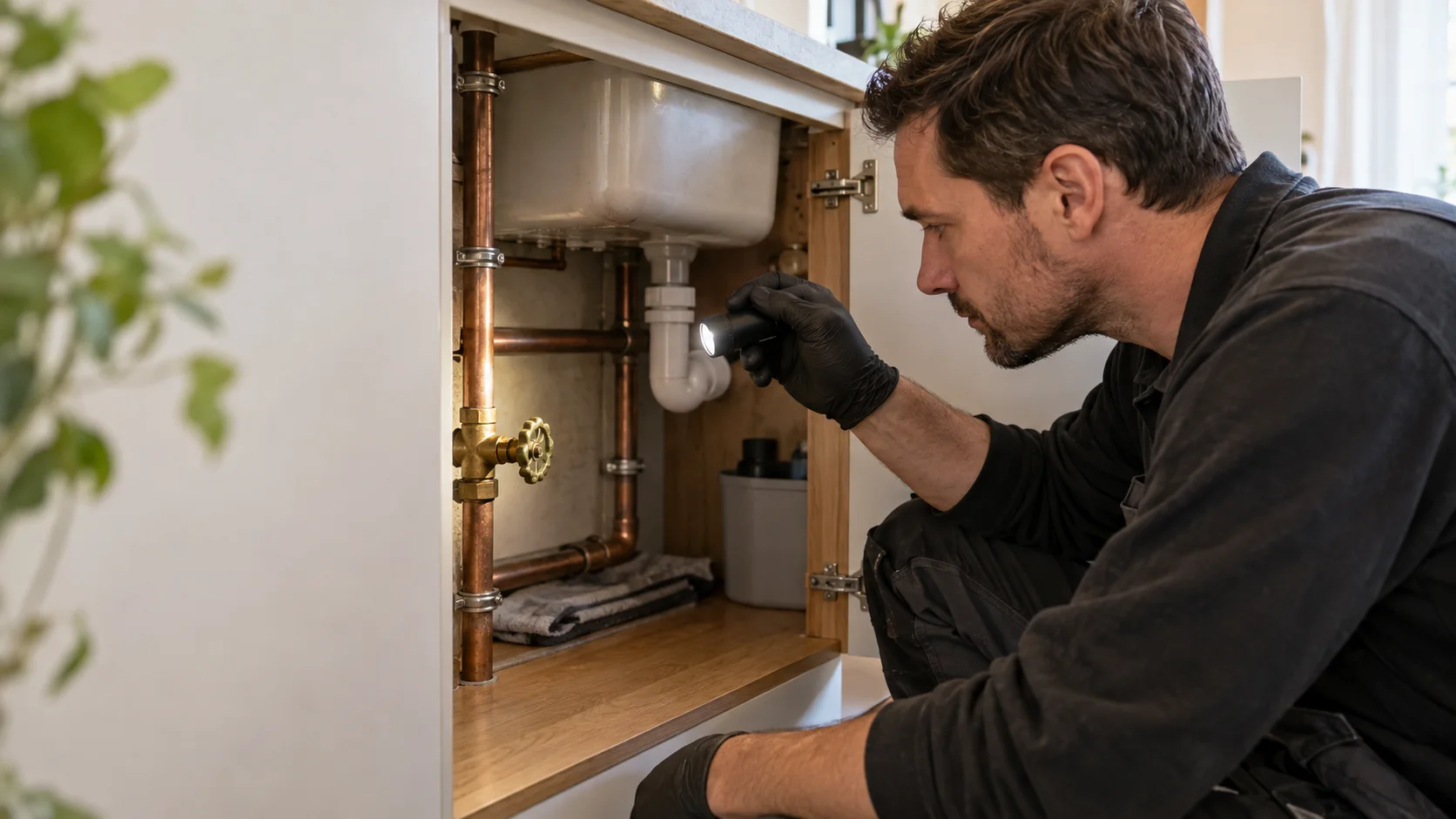 Installateur prüft ein älteres Messing-Absperrventil im geöffneten Spülenunterschrank