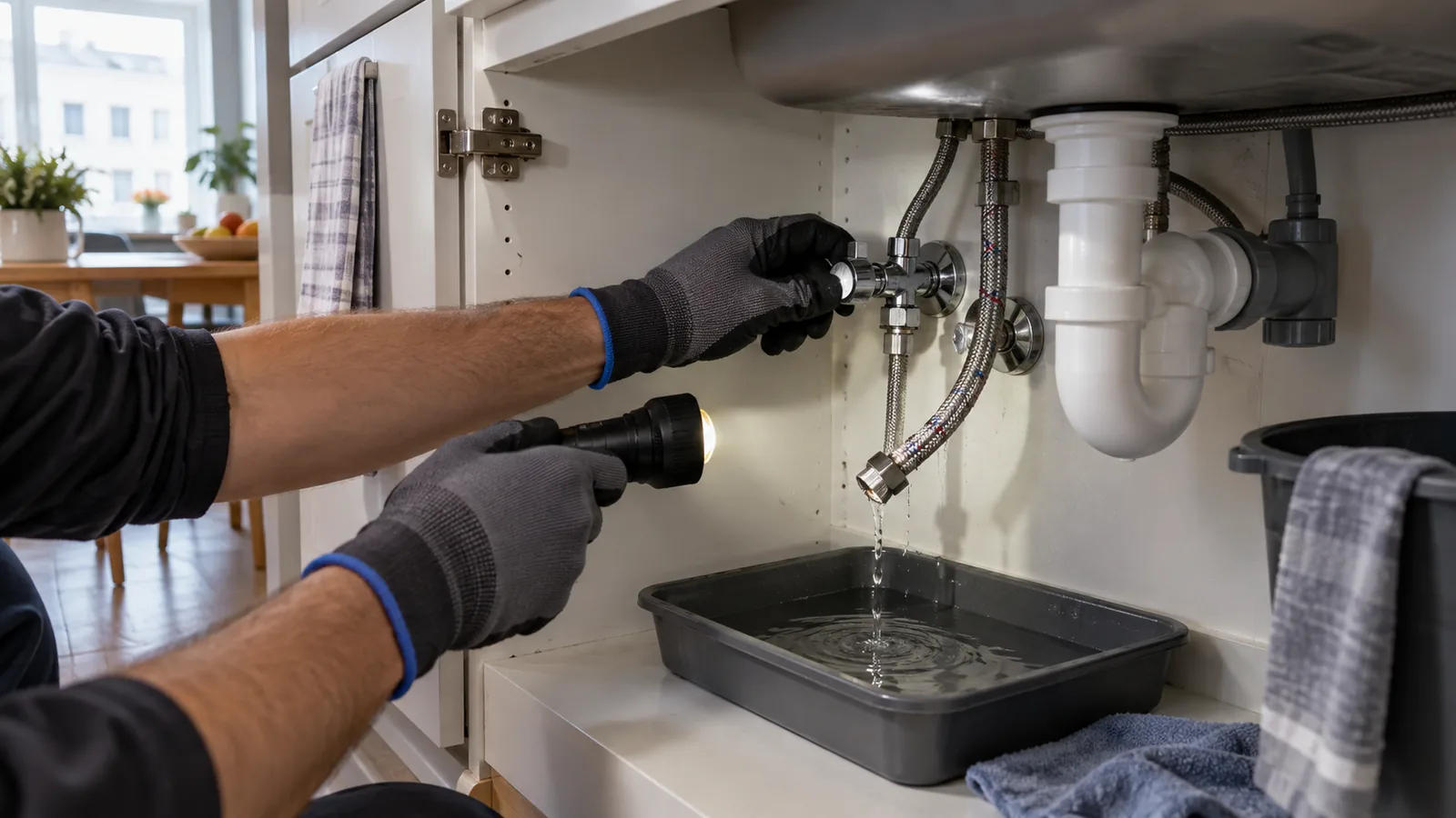 Techniker prüft mit Handschuhen und Arbeitsleuchte einen undichten Flexschlauch unter einer Küchenspüle