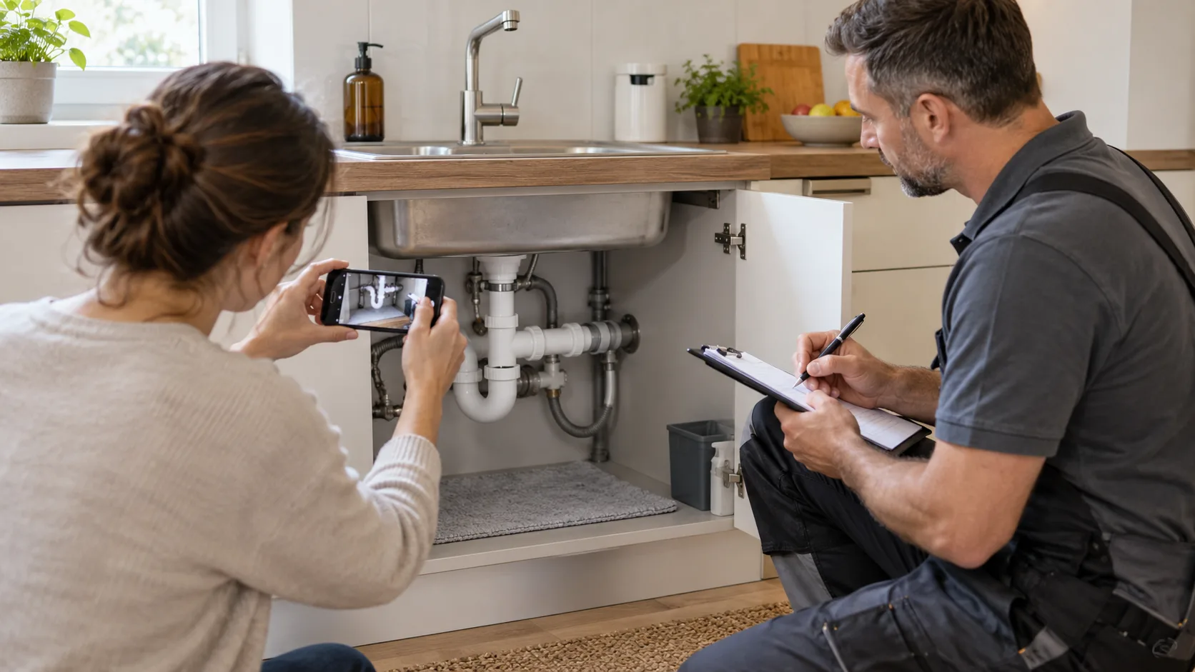 Bewohnerin dokumentiert mit einem Smartphone eine trockene provisorisch gesicherte Rohrverbindung unter einer Küchenspüle, während ein Techniker Notizen macht