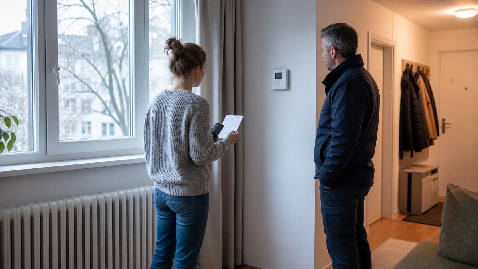 Mieterin dokumentiert mit einem Techniker den Ausfall eines Heizkörpers in einer Wiener Wohnung