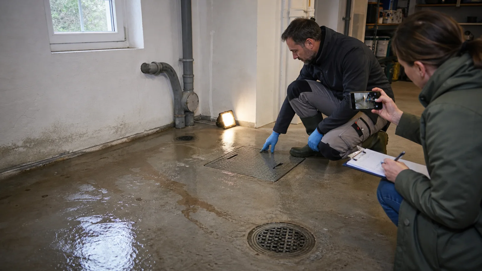 Fachkraft dokumentiert nach Starkregen Wasserspuren an Bodenablauf und Reinigungsöffnung in einem Keller