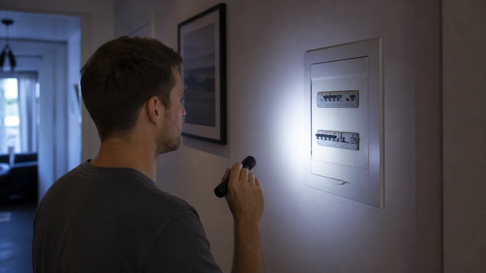 Bewohner betrachtet bei Stromausfall mit einer Taschenlampe den geschlossenen Sicherungskasten seiner Wohnung